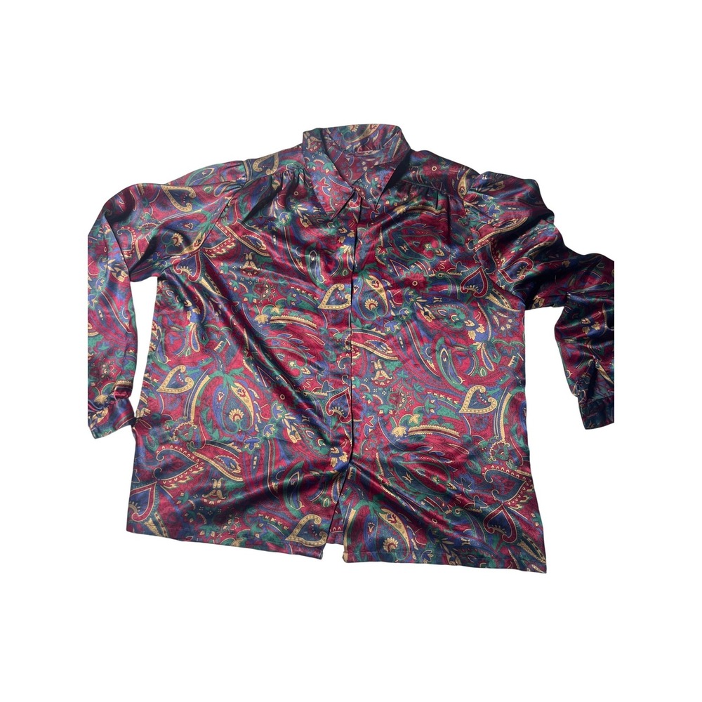 Vintage Paisley Satin like Button Down Blouse Burgundy Blue Green Long Sleeve‎